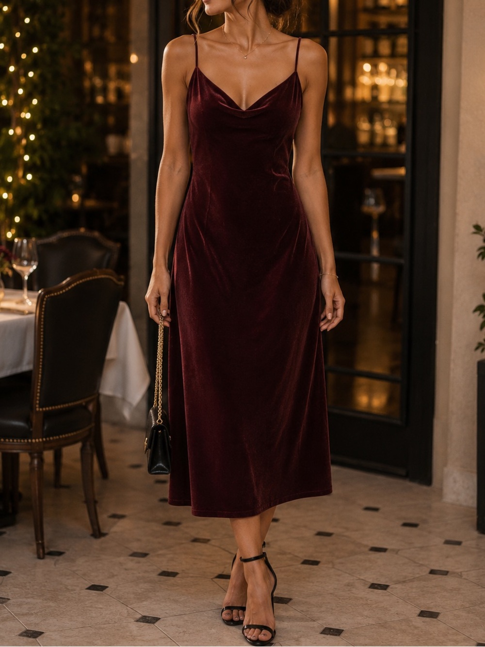 Uniqlo Spaghetti-Strap Velvet Midi Dress Deep Wine Romantic 90s Minimalist